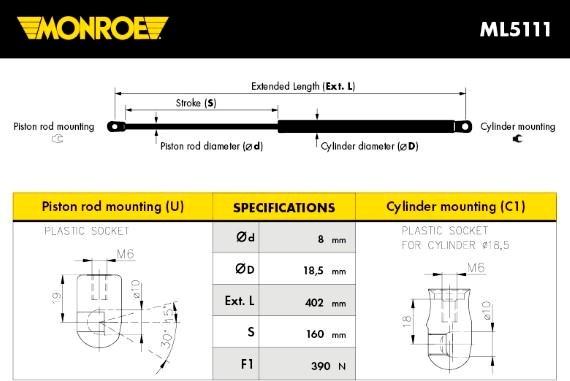 MONROE ML5111 - Muelle neumático, maletero / compartimento de carga vegaparts.es